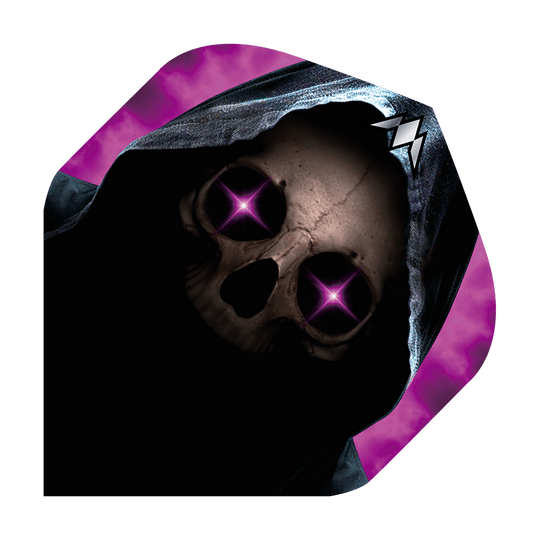 Standardní lety Mise Solo Phantom No2 Das Bild zeigt ein Dartflight mit einem Totenkopf in einer dunklen Kapuze. Die Augen des Schädels leuchten in einem auffälligen Lila mit Sternenform.