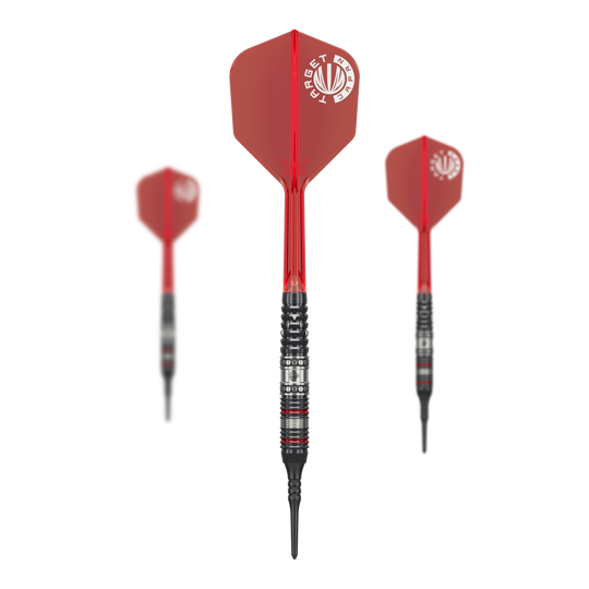 Dardos blandos Target Japan Prime Series Diamond GEN3 - 18 g Das Bild zeigt drei Softdarts aus der Serie "Target Japan Prime Series Diamond GEN3" mit einem Gewicht von 18g. Die Darts haben rote Flights und schwarze Spitzen.