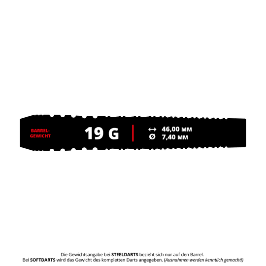Dardos blandos Target Japan Black Marque Renegade 4 - 19 g Das Bild zeigt die Produktspezifikationen für die "Target Japan Black Marque Renegade 4 Softdarts - 19g". Die Darts wiegen 19 Gramm, sind 46,00 mm lang und haben einen Durchmesser von 7,40 mm.