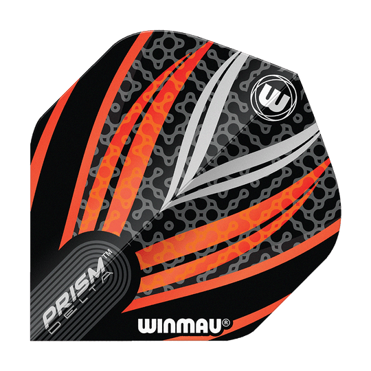 Letky Winmau Prism Delta černá bílá oranžová č. 2 standardní Das Bild zeigt ein Dart-Flight der Marke Winmau mit dem Namen "Prism Delta Schwarz Weiß Orange No2 Standard Flights". Das Design besteht aus schwarzen, weißen und orangefarbenen Streifen mit einem modernen Muster.