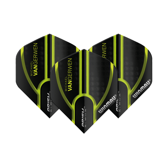 6915-143_Winmau_Prism_Alpha_MvG_Black_Green_V1_Standard_Flights_1dQZFRZdLARkiM Winmau Prism Alpha MvG Black Green V1 Standard Flights. Gezeigt sind Dartflights mit schwarzen und farbigen Akzenten.