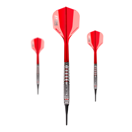 Harrows Damon Heta Geo Softdarts mit 18g sind im Set präsentiert. Das Set wirkt vollständig und einheitlich.