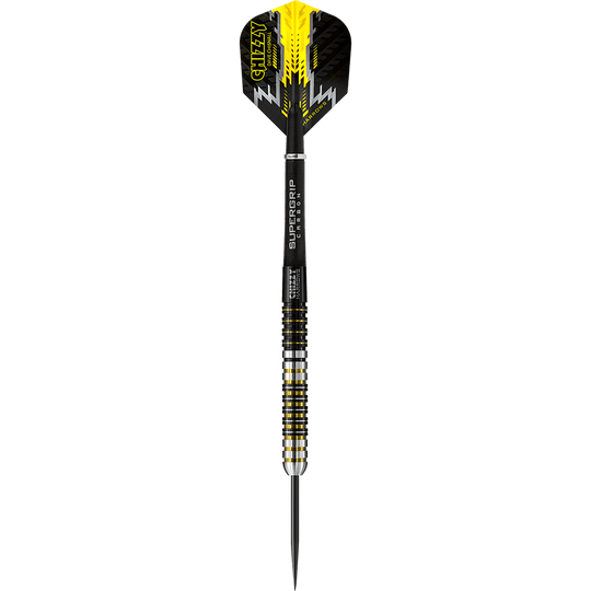 HAXXXXX_Harrows_Chizzy_Steeldarts_1 Auf dem Bild ist ein Harrows Dave Chisnall Chizzy Steeldart zu sehen. Der Dartpfeil hat auffällige gelbe und schwarze Akzente.