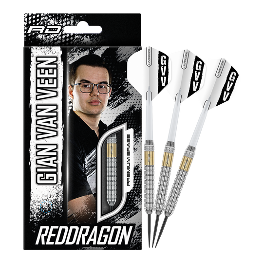 Red Dragon Gian Van Veen Messing Steeldarts - 21 g Zu sehen sind die kompletten Red Dragon Gian Van Veen Brass Steeldarts mit 21 g. Dieses Produkt eignet sich für Steeldartspiele auf Wettkampfniveau.