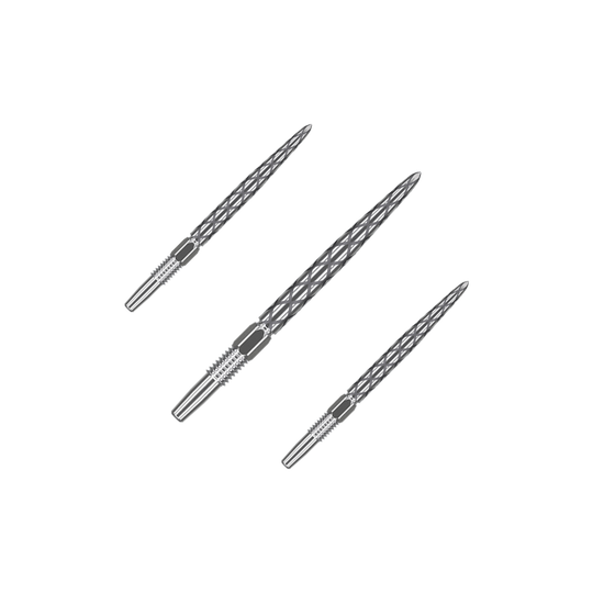 Puntas de dardos Target Swiss Diamond Pro Silver Points Das Bild zeigt drei silberne Dartspitzen mit einem rautenförmigen Muster. Sie sind nebeneinander auf einem neutralen Hintergrund angeordnet.