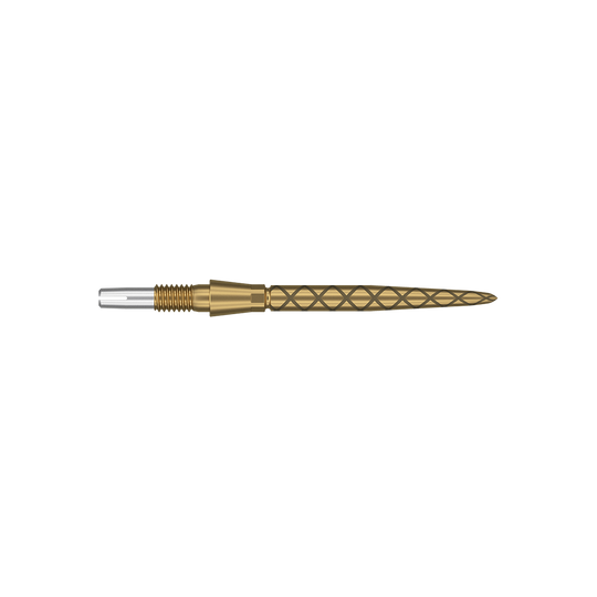 Target Swiss Storm Diamond Point Dart Tips - Gold Dies ist eine goldfarbene Dartspitze mit einem diamantförmigen Muster. Sie ist schlank, länglich und hat eine Länge von 26 mm.