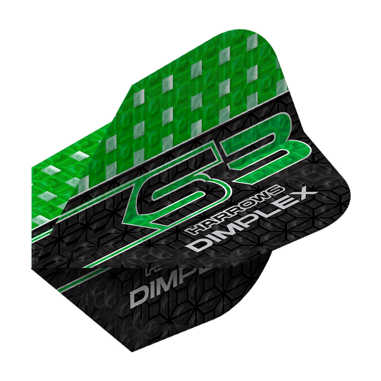 Harrows Dimplex S3 Flights - Verde Das Bild zeigt einen grünen und schwarzen Dartflight mit der Aufschrift "Harrows Dimplex S3". Das obere Drittel ist grün mit silbernen Quadraten, der Rest ist schwarz mit einem Muster und weißen Schriftzügen.