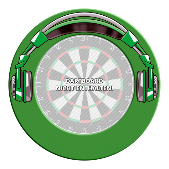 Zu sehen ist das MSF-J5 McDart Stereo Dartboard Surround in Grün. Diese Ansicht zeigt das Dartboard-Surround aus einer anderen Perspektive.