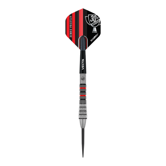 Ocelové šipky Winmau Dennis Priestley Diamond 3-Zero Das Bild zeigt einen Winmau Dennis Priestley Diamond 3-Zero Steeldart. Der Dartpfeil hat schwarze, silberne und rote Details sowie eine 30th Anniversary-Beschriftung auf dem Flight.