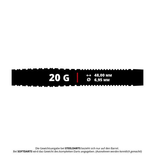 Šipky Mission Venom Softdarts - 20g Das Bild zeigt die Produktdetails der Mission Venom Softdarts mit einem Gewicht von 20 Gramm. Die Länge beträgt 48,00 mm und der Durchmesser 6,95 mm.
