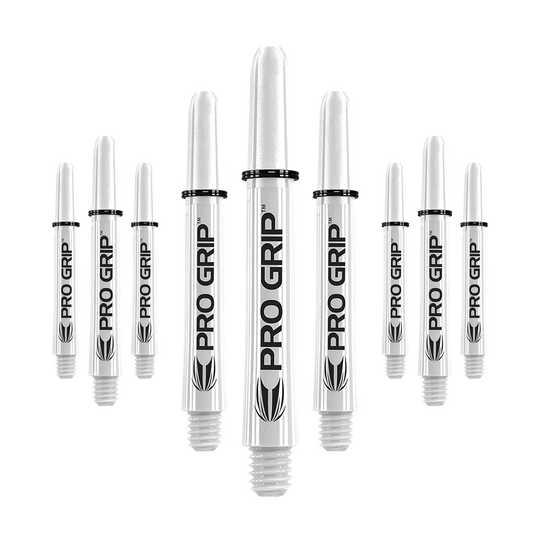 Das Bild zeigt neun weiße Dartschäfte mit der Aufschrift "PRO GRIP". Sie sind in drei Reihen angeordnet, wobei die mittleren Schäfte am größten sind.