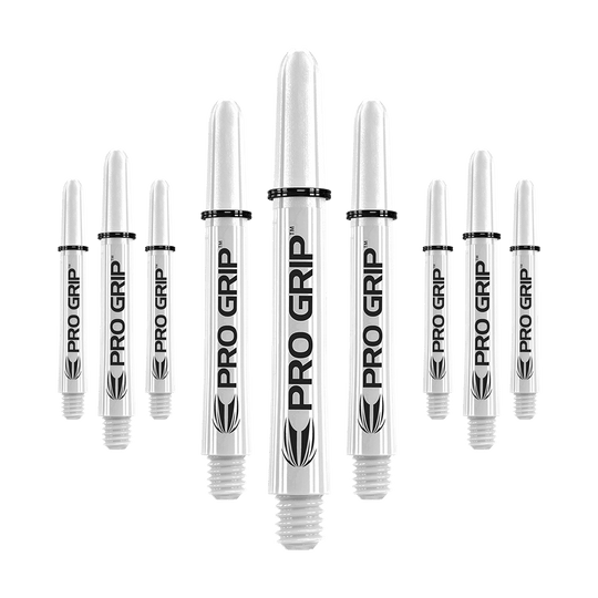 Target Pro Grip Shafts - 3 Sets - White Das Bild zeigt neun weiße Dartschäfte mit der Aufschrift "PRO GRIP". Sie sind in drei Reihen angeordnet, wobei die mittleren Schäfte am größten sind.