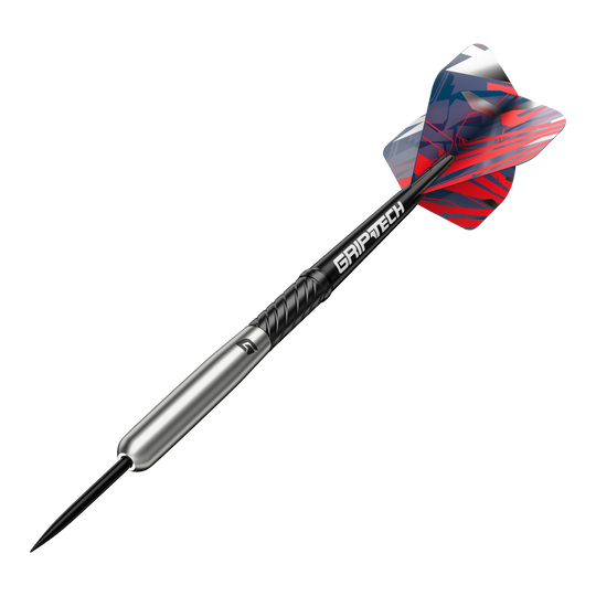 Šipky GOAT Homerun Baseball Tungsten Steel Das Bild zeigt einen GOAT Homerun Baseball Tungsten Steeldart mit farbigem Flight und schwarzem Schaft. Der Dart hat einen silbernen Körper und trägt die Aufschrift "GRIPTECH".