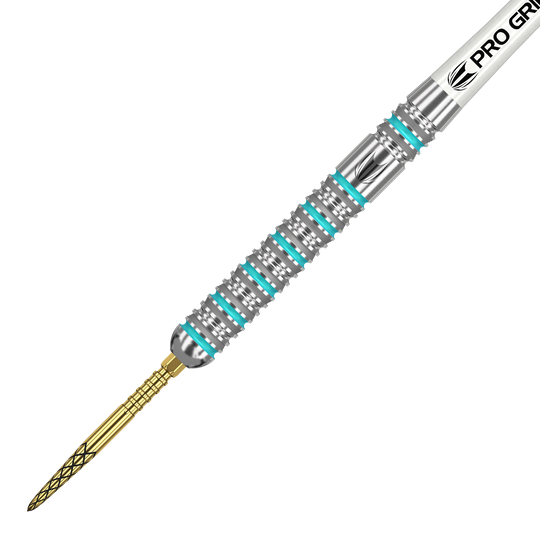 190095_Target_Rob_Cross_GEN2_Swiss_Point_Steeldarts_2 Das Bild zeigt einen Target Rob Cross GEN2 Swiss Point Steeldart. Der Dartpfeil hat einen silbernen Schaft mit türkisfarbenen Akzenten und eine goldfarbene Spitze.