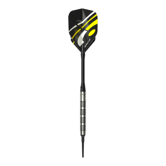 Dardos blandos McDart 85 Tungsteno V17 - 16,5 g Das Bild zeigt den McDart 85er Tungsten V17 Softdart mit einem Gewicht von 16,5g. Der Dart hat ein modernes Design mit schwarzen und gelben Akzenten auf den Flights.