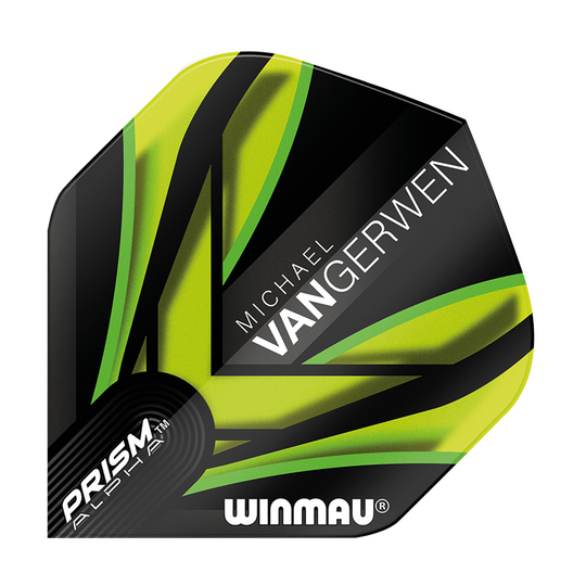 6915-145_Winmau_Prism_Alpha_MvG_Black_Green_V2_Standard_Flights_1x7JcQ6h7kBRAx Winmau Prism Alpha MvG Black Green V2 Standard Flights mit geometrischen Linien. Die Flights sind symmetrisch ausgelegt.