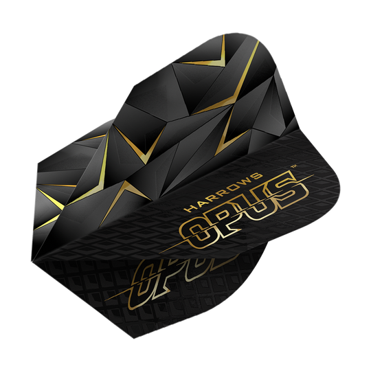 Harrowovy Opus verze 3 lety Das Bild zeigt die Harrows Opus Version 3 Flights. Sie sind schwarz mit einem goldenen geometrischen Muster und goldener Schrift gestaltet.