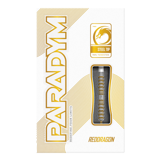 Das Bild zeigt die Red Dragon Paradym Gold Parallel Steeldarts. Sie sind parallel geformt und in einer auffälligen Goldfarbe gehalten.