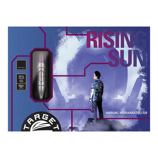 Target Japan Haruki Muramatsu Rising Sun GEN9 Steeldarts - 23g Die Abbildung zeigt die Verpackung der "Target Japan Haruki Muramatsu Rising Sun GEN9 Steeldarts - 23g". Auf der Packung sind ein Dartpfeil, das Logo von Target und ein Mann im Profil sowie der Schriftzug "Rising Sun" zu sehen.