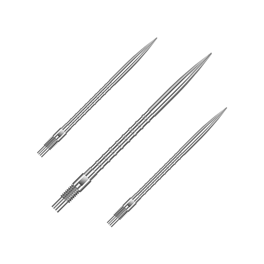 Harrows Quick Point Heavy Metal Dartspitzen - Silber Das Bild zeigt ein Set von silbernen Dartspitzen mit 40 mm Länge. Die Spitzen sind nebeneinander arrangiert.