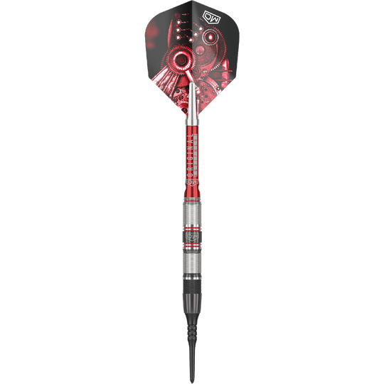 Šipky DW Piranha Razor 02 Softdarts Das Bild zeigt den Softdart "DW Piranha Razor 02". Der Dart hat ein silber-rotes Barrel und auffällige Flights mit einem Zahnrad-Design.