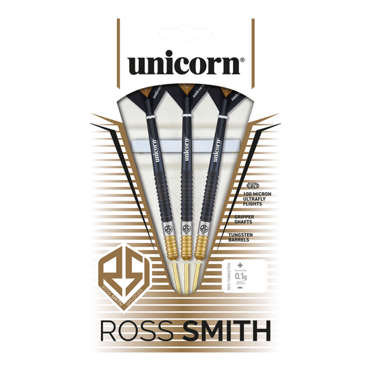 Dardos de acero bicolor Unicorn Ross Smith Das Bild zeigt die Unicorn Ross Smith Two-Tone Steeldarts in ihrer Verpackung. Die Verpackung hebt die Eigenschaften wie Gripper Shafts, 100 Micron Ultrafly Flights und Tungsten Barrels hervor.