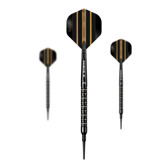 Das Bild zeigt drei Softdarts des Modells „Mission Mike De Decker MDD Black Gold“ mit einem Gewicht von 20g. Die Darts sind schwarz mit goldenen Streifen auf den Flights und haben ein modernes, edles Design.