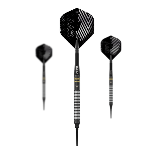 Winmau Gian Van Veen TS Softdarts - 18g Das Foto zeigt ein Set der Winmau Gian Van Veen TS Softdarts 18g. Alle Darts liegen nebeneinander auf einer ebenen Fläche.