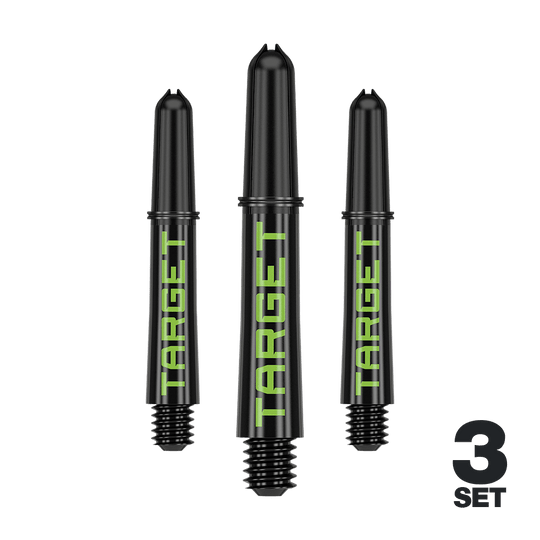 Target Pro Grip TAG Shafts - 3 Sets - Black Green Auf dem Bild sind drei schwarze Dartschäfte mit grünem "TARGET"-Schriftzug zu sehen. Unten rechts steht "3 SET", was darauf hinweist, dass es sich um ein Set aus drei Stück handelt.