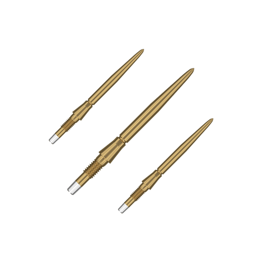 Embouts de fléchettes Target Swiss Storm Point - Or Das Bild zeigt drei goldene Dartspitzen, die nebeneinander angeordnet sind. Sie haben ein schlankes, spitzes Design mit einem silbernen Schraubgewinde am Ende.