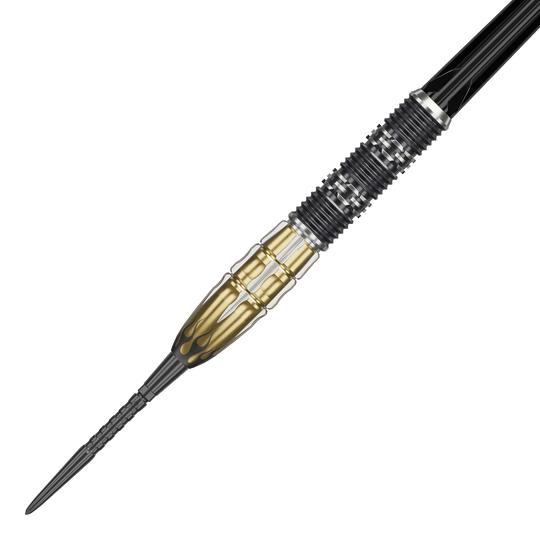 Ocelové šipky Target Japan Pyro GEN11 Swiss Point - 22g Das Bild zeigt den Target Japan Pyro GEN11 Swiss Point Steeldart mit einem Gewicht von 22g. Der Dart ist schwarz-gold gefärbt und hat ein auffälliges Flammen-Design am vorderen Teil.