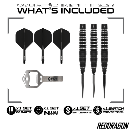 Ocelové šipky Red Dragon Sable Bomb Switch Point Das Bild zeigt die Red Dragon Sable Bomb Switch Point Steeldarts. Die Darts haben ein markantes Design und sind speziell für das Steeldartspiel entwickelt.