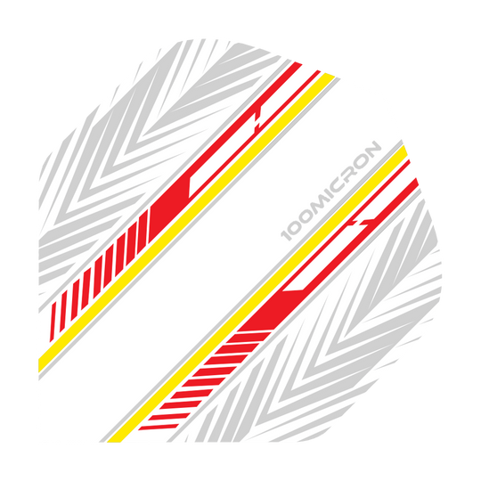 Voli Pentathlon bianchi/rossi/gialli Das Bild zeigt ein Dartflight in Weiß mit roten und gelben Streifen sowie grauen Mustern. Auf dem Flight steht der Text "100 MICRON".