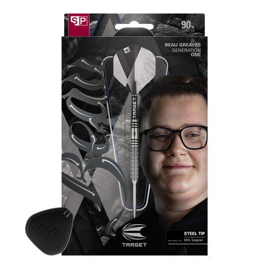 Gezeigt wird das Set Target Beau Greaves GEN1 Swiss Point Steeldarts. Diese Darts sind ideal für Dartspieler und Fans von Beau Greaves.