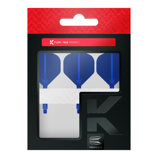 Target K-Flex No2 Standard Flight System - Blu Die Verpackung enthält drei blaue Dart-Flights im No2-Standard-Format von der Marke Target. Im oberen Bereich steht "K Flex | No2 Shape" auf einem roten Streifen.