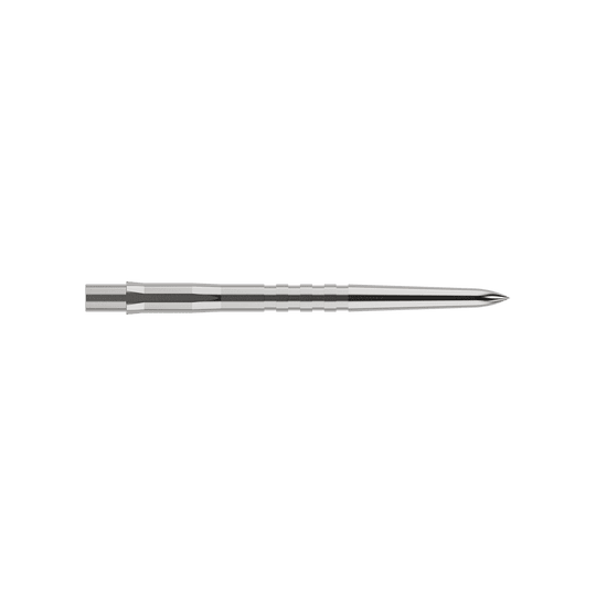 Auf dem Bild ist eine silberne, gerillte Steeldartspitze zu sehen. Sie ist schmal, lang und misst 32 mm in der Länge.