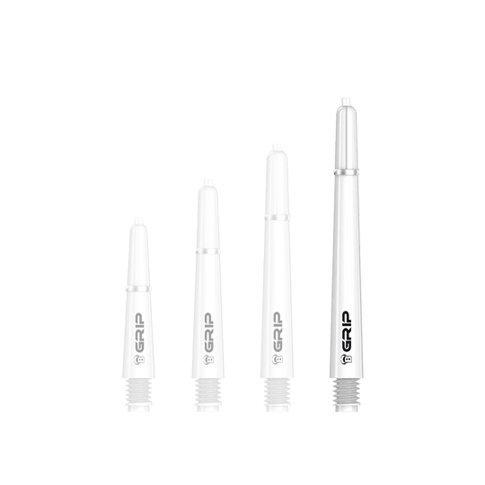 BS55059_Bulls_B-Grip-2_SL_Shafts_Weiss_48mm_1k5SyORvGaTRPf Das Bild zeigt vier weiße Dartschäfte des Modells "Bulls B-Grip-2 SL". Sie sind in unterschiedlichen Längen angeordnet und tragen den Aufdruck "GRIP".