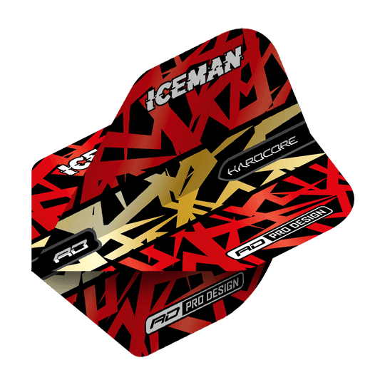 TF6871_Red_Dragon_Hardcore_Gerwyn_Price_Red_Gold_Premium_Standard_Flights_2 Das Bild zeigt eine Dart-Flugfeder mit einem auffälligen roten, goldenen und schwarzen Design. Auf der Feder stehen die Wörter "ICEMAN", "HARDCORE" und "RD PRO DESIGN".
