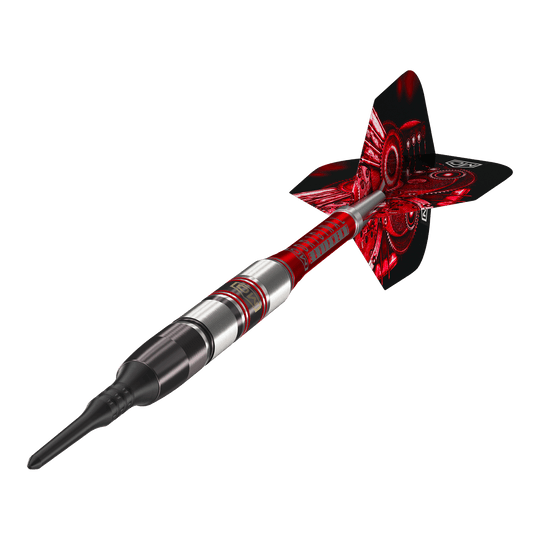 Šipky DW Piranha Razor 02 Softdarts Das Bild zeigt den DW Piranha Razor 02 Softdart. Der Dart hat ein modernes Design mit roten und silbernen Akzenten.