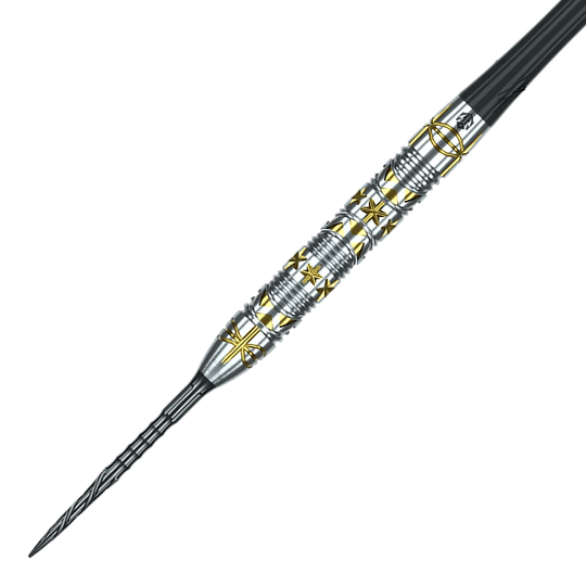 Freccette in acciaio Caliburn Halo H1 - 22,5 g Das Bild zeigt die Caliburn Halo H1 Steeldarts mit einem Gewicht von 22,5 g. Die Darts haben ein elegantes Design und sind besonders für präzise Würfe geeignet.