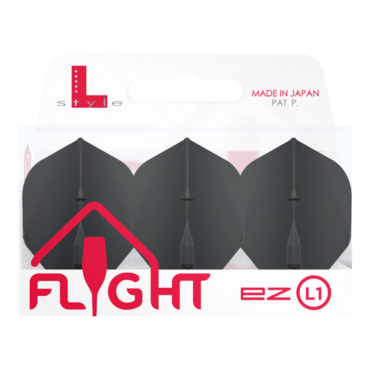 L-Style Champagne L1EZ Standard Flights Die Abbildung zeigt eine Packung mit L-Style Champagne L1EZ Standard Flights. In der Verpackung befinden sich drei schwarze Dartflights.