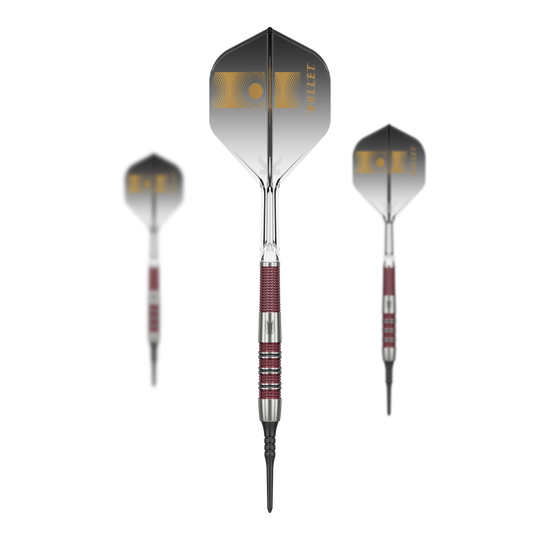 Dardos blandos Target Stephen Bunting 95K - 19 g Auf dem Bild sind drei Softdarts des Modells „Target Stephen Bunting 95K“ mit einem Gewicht von 19g zu sehen. Die Darts haben schwarze Flights mit goldener Aufschrift und silber-rote Griffe.