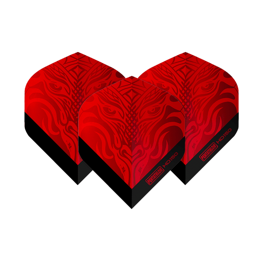 Pentathlon HD150 metalicky červené standardní letky Das Bild zeigt drei rote Dart-Flights mit einem auffälligen, metallischen Muster. Auf den Flights steht "Pentathlon HD150" in schwarzer Schrift.