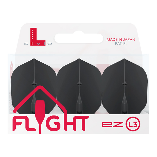 L-Style L3EZ Flights Auf dem Bild ist eine Packung mit drei schwarzen Dartflights der Marke L-Style zu sehen. Die Verpackung trägt die Aufschrift „MADE IN JAPAN“ und „FLIGHT ez L3“.