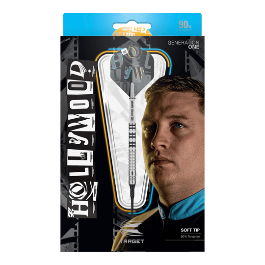 Target Chris Dobey GEN1 Softdarts - 19g Die Abbildung zeigt die Verpackung der "Target Chris Dobey GEN1 Softdarts - 19g". Auf der Verpackung sind ein Softdart, das Gesicht eines Mannes und der Schriftzug "HOLLYWOOD" zu sehen.