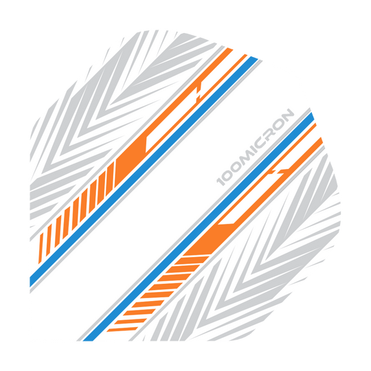 Voli Pentathlon bianchi/arancioni/blu Das Bild zeigt ein Dartflight mit einem weißen Hintergrund und auffälligen orange-blauen Streifen. Zusätzlich sind graue geometrische Muster und der Schriftzug "100MICRON" zu sehen.