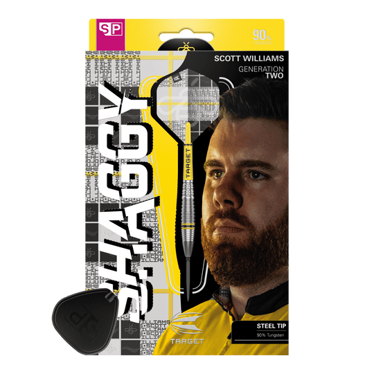 Dardos de acero Target Scott Williams GEN2 Swiss Point Das Bild zeigt die Verpackung der Target Scott Williams GEN2 Swiss Point Steeldarts. Auf der Verpackung ist ein Porträt von Scott Williams und ein einzelner Dart mit Stahlspitze abgebildet.