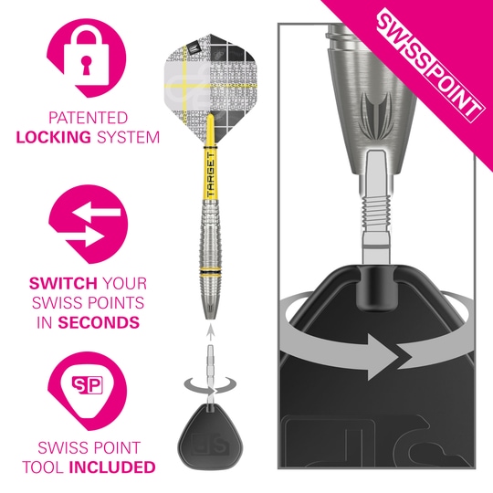 Dardos de acero Target Scott Williams GEN2 Swiss Point Das Bild zeigt die Target Scott Williams GEN2 Swiss Point Steeldarts mit einem speziellen Wechselsystem. Die Punkte lassen sich dank des patentierten Verschlusssystems einfach und schnell austauschen, ein Werkzeug ist enthalten.