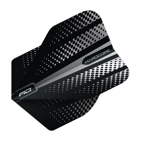 TF6507_Red_Dragon_Hardcore_Radical_Black_Flash_Standard_Flights_2 Das Bild zeigt ein schwarzes Dart-Flight mit silbernen und grauen Punktmustern. Auf dem Flight stehen die Wörter "HARDCORE" und "RD".