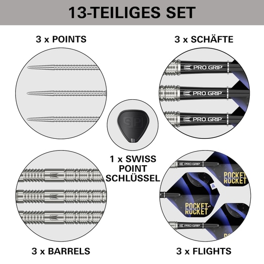 Fléchettes en acier Target Justin Hood Swiss Points - 23 g Auf dem Bild befindet sich Target Justin Hood Swiss Points Steeldarts - 23g. Das Set richtet sich an fortgeschrittene Dartspieler.